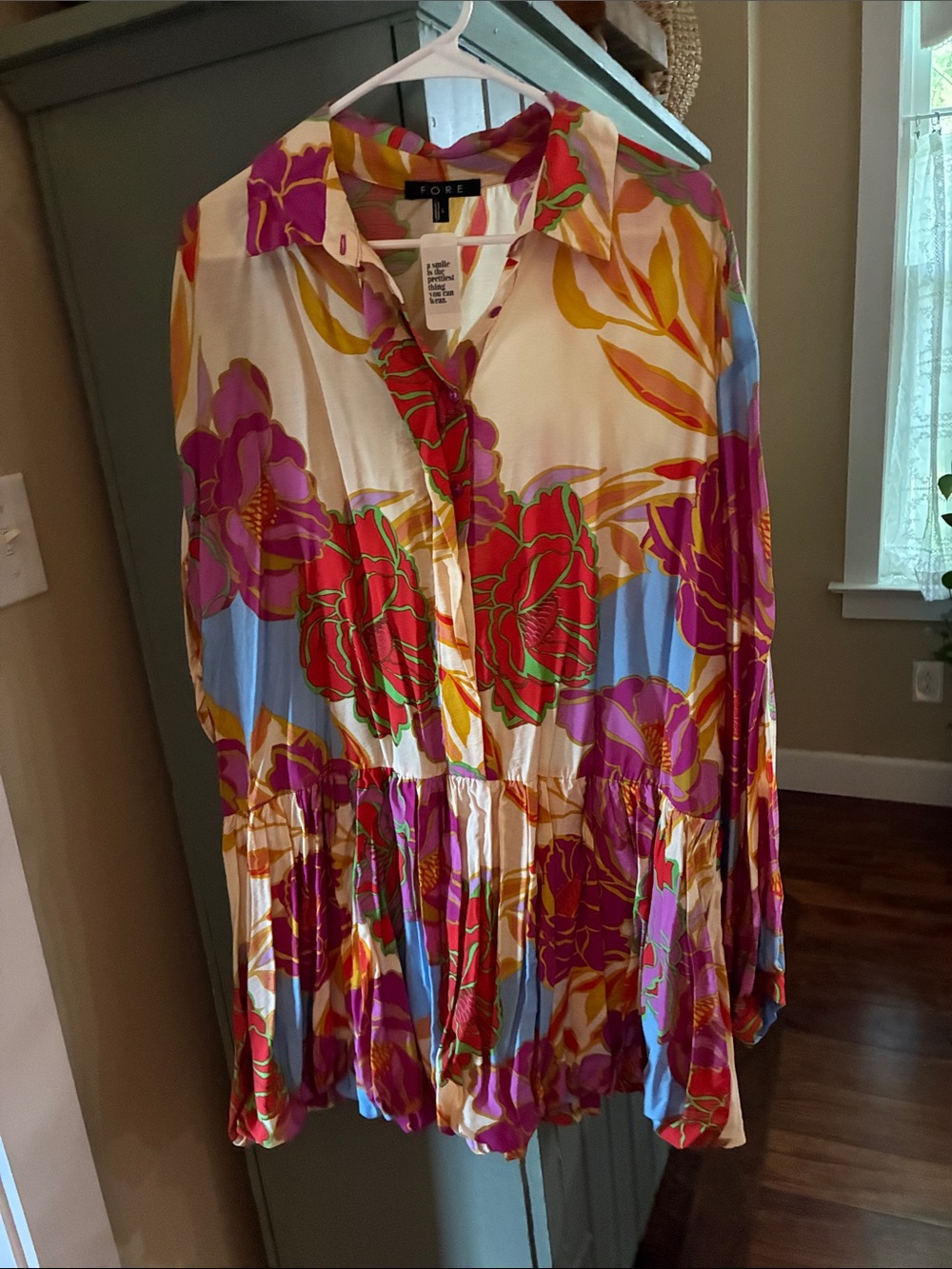 Floral Button-Front Long Sleeve Dress in Multicolor